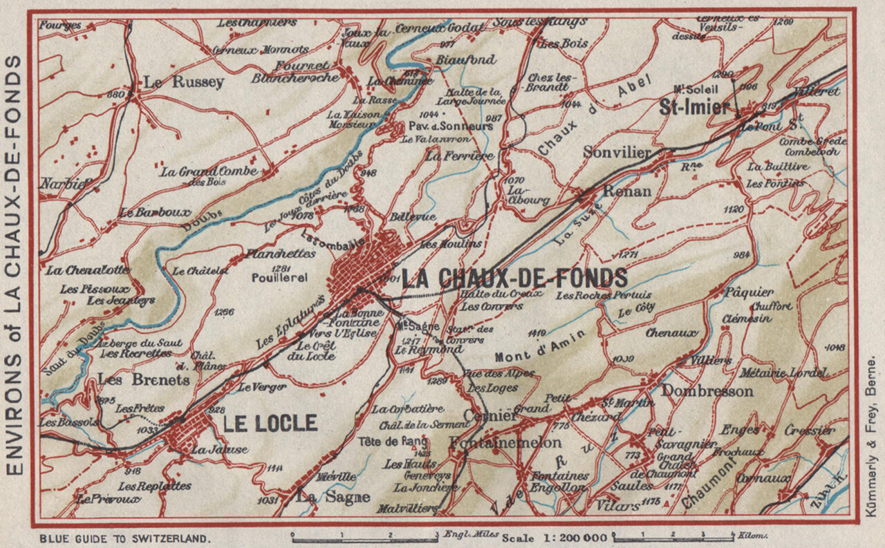 la chaux de fonds environs. vintage map. le locle. st imier. switzerland 1948
